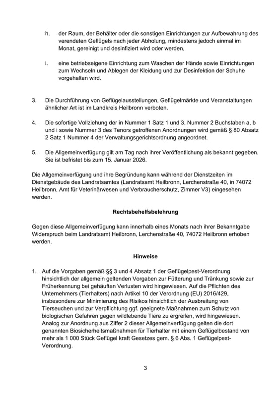 Allgemeinverfügung Aufstallung von Geflügel