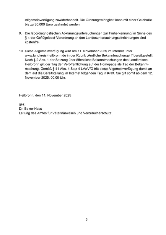 Allgemeinverfügung Aufstallung von Geflügel