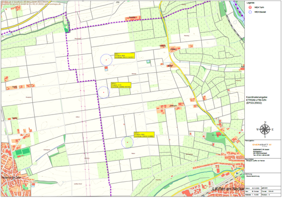 Im Übersichtsplan sind die geplanten Standorte für drei Windräder dargestellt. Zur Orientierung: am oberen Bildrand ist in der Mitte der Aussiedlerhof Buchwald auf dem Wannenberg erkennbar.