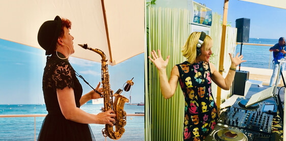Michelle Labonte am Saxophon (links) und DJane Simoné (rechts) sorgen für den perfekten „Sonnenuntergangs“-Sound zum After-Work-Picknick.