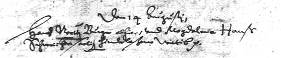 Heiratseintrag von Hanß North, der am 14.8.1616 Magdalena Schweicker heiratete, die Witwe des Hanß Schweicker. Wörtlich: Den 14. Augusti, Hanß North, Bürger alhier, und Magdalena, Hanß Schweickers seelig hinterlaßene Wittib