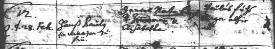 Geburts- bzw. Taufeintrag des Hanß Paulus Northa, geboren am 28.2.1690. Die Eltern waren Daniel Norta und Elisabetha geborene Bechtold. Paulus war das älteste von 7 Kindern der Familie, er wurde Zimmermann wie sein Vater.