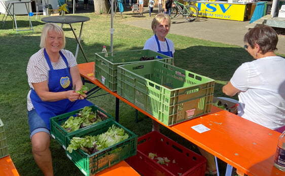 Fleißige Helfer des TSV Nordheim beim Putzen der Salate.