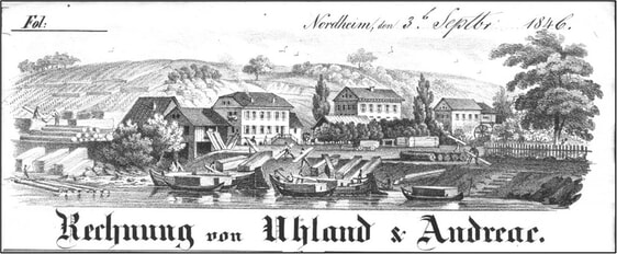Rechnungsbriefkopf der Firma Uhland und Andreae aus dem Jahr 1846 zeigt den regen Handel mit Holz am Ufer des Neckars