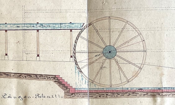 Das große rückschlächtige Wasserrad der Nordheimer Sägmühle hatte einen Durchmesser von über 10 Meter.