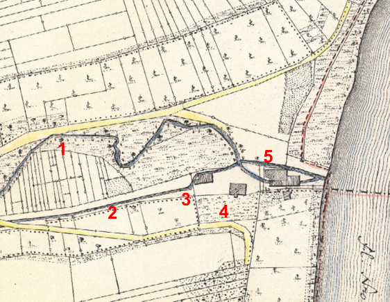 Karte um 1835, noch vor dem Bau der Bahnlinie. 1 Altbach, 2 Mühlkanal, 3 alte Sägmühle, 4 Wohn- haus, 5 neue Sägmühle.