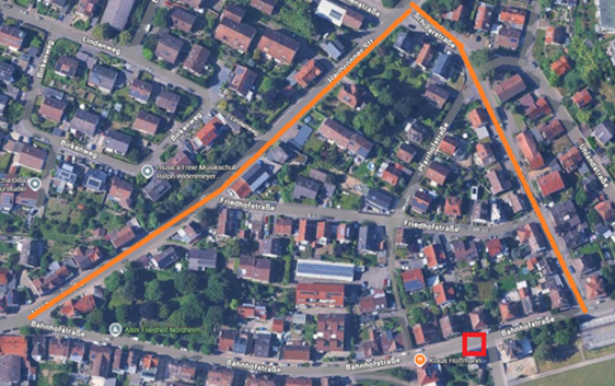 ROT = Sperrstrecke, ORANGE = Umleitungsstrecke