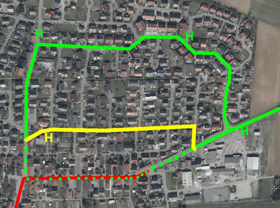Wegen der Bauarbeiten in der Ortsmitte (rot markierter Abschnitt) f&auml;hrt der B&uuml;rgerbus bis auf Weiteres die gelb markierte Umleitung durch die Meisenstra&szlig;e,