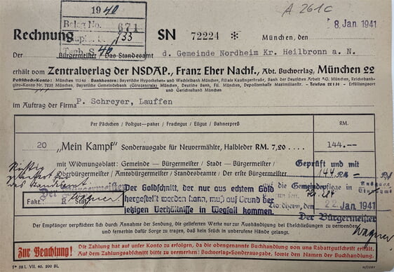 Rechnungsbeleg der Gemeinde Nordheim f&uuml;r 20 Exemplare Sonderausgabe &bdquo;Mein Kampf&ldquo; f&uuml;r Neuverm&auml;hlte