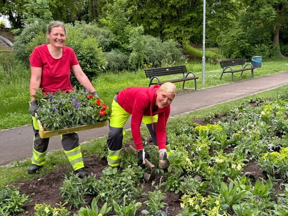 Leona W&ouml;lfel und Christina Weidner vom Bauhof sind hier bei einer Arbeit, die das Herz jeder G&auml;rtnerin h&ouml;her schlagen l&auml;sst: der Sommerflor wird gepflanzt.