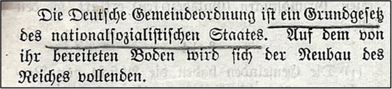 Die Deutsche Gemeindeordnung ist ein Grundgesetz des nationalsozialistischen Staates. Auf dem von ihr bereiteten Boden wird sich der Neubau des Reiches vollenden.