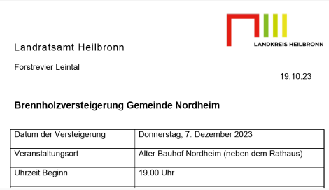 Brennholzversteigerung Ankündigung des Landratsamtes