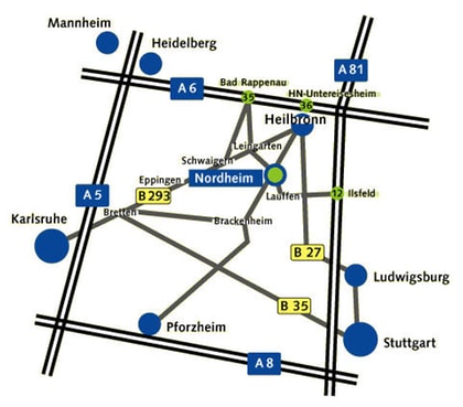 Anfahrtsskizze nach Nordheim zur Orientierung. Im Nordwesten Heilbronn, im Südosten Ludwigsburg und Stuttgart, im Westen Karlsruhe. Eingebettet zwischen die Autobahnen A6 im Norden, A81 im Osten und A5 im Westen