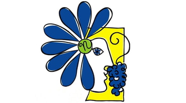 Gelbe und blaue stilisierte Grafik: Gesicht mit Blume, Trauben und geschwungenen Linien.