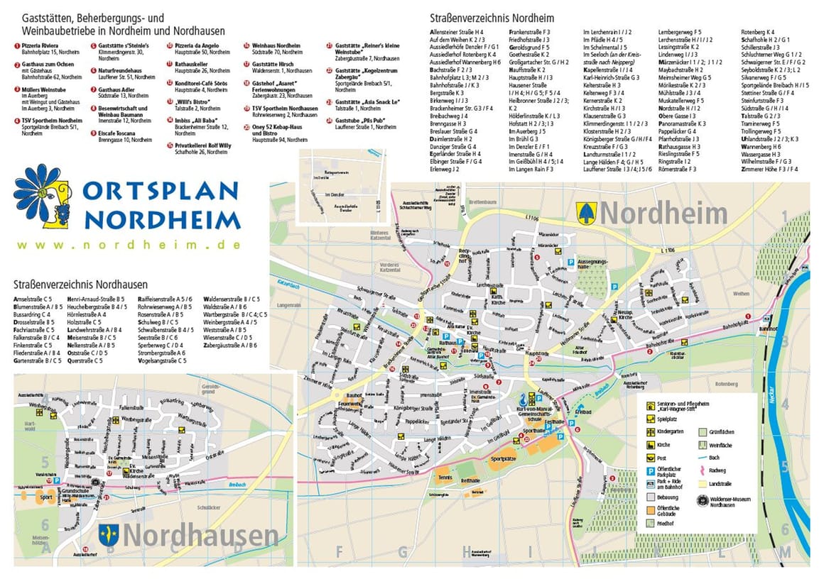 Ortsplan Nordheim und Nordhausen mit Verzeichnis über Straßen, Gaststätten, Beherbergungs- und Weinbaubetrieben. Klicken Sie auf das Bild, um das Verzeichnis als PDF ansehen zu können.
