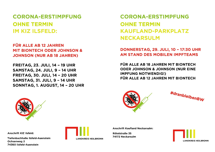 Impfungen ohne Termin in Ilsfeld und Neckarsulm