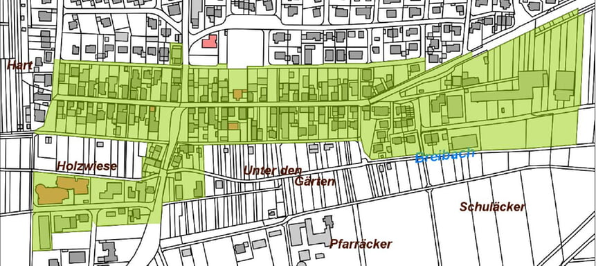 Der Lageplan zeigt den Bereich, für den nun geprüft wird, ob eine Nahwärmeversorgung in Betracht kommt.