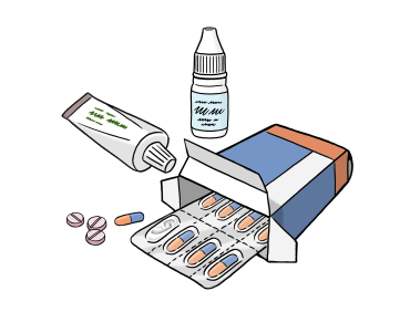 Medikamente: Augentropfen, Tube, Blisterpackung mit Pillen und Tabletten.