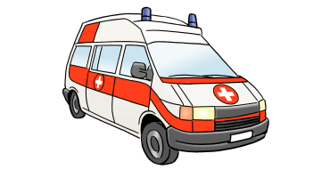Cartoon-Illustration eines wei&szlig;en Rettungswagens mit roten Streifen und dem roten Kreuz.