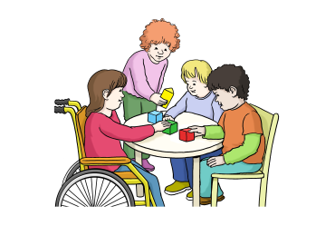 Vier Kinder sitzen an einem Tisch und spielen mit Baukl&ouml;tzen. Ein Kind sitzt im Rollstuhl.