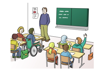 Lehrer vor Klasse, Sch&uuml;ler sitzen an Tischen, ein Kind im Rollstuhl.