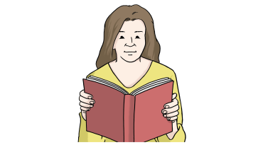 Frau liest ein rotes Buch. Sie tr&auml;gt gelbes Oberteil und hat braune Haare.