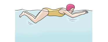 Schwimmerin mit pinkfarbener Schwimmkappe beim Kraulen im Wasser. Einfache Illustration, helle Farben.